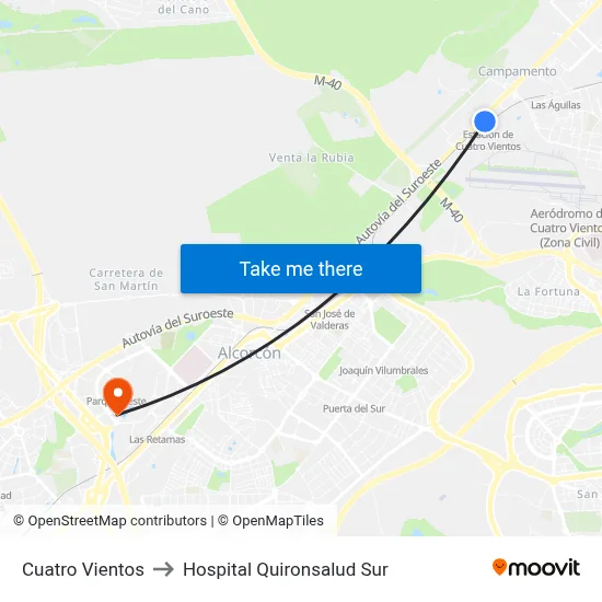 Cuatro Vientos to Hospital Quironsalud Sur map
