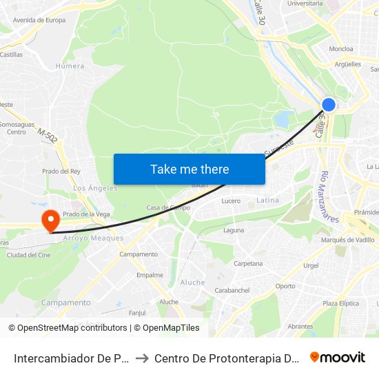 Intercambiador De Príncipe Pío to Centro De Protonterapia De Quirónsalud map
