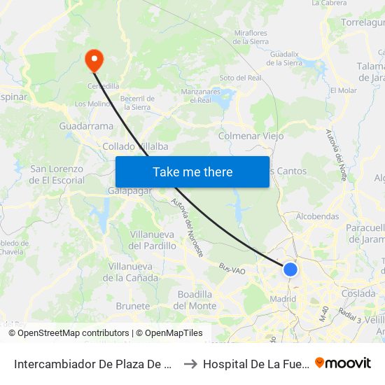 Intercambiador De Plaza De Castilla to Hospital De La Fuenfría map