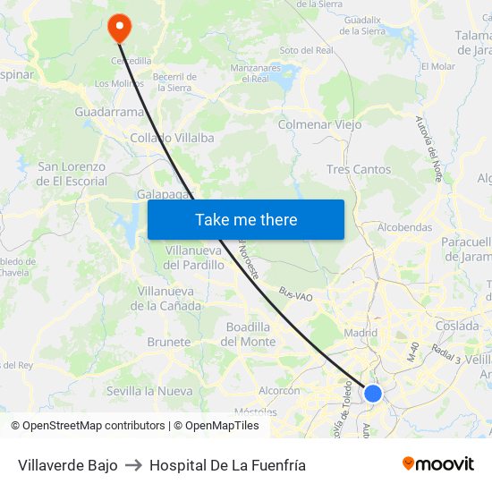 Villaverde Bajo to Hospital De La Fuenfría map