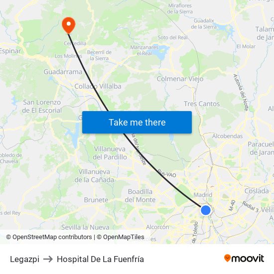 Legazpi to Hospital De La Fuenfría map