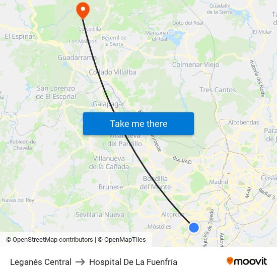 Leganés Central to Hospital De La Fuenfría map