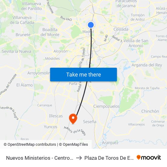 Nuevos Ministerios - Centro Comercial to Plaza De Toros De Esquivias map