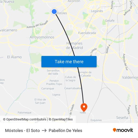 Móstoles - El Soto to Pabellón De Yeles map