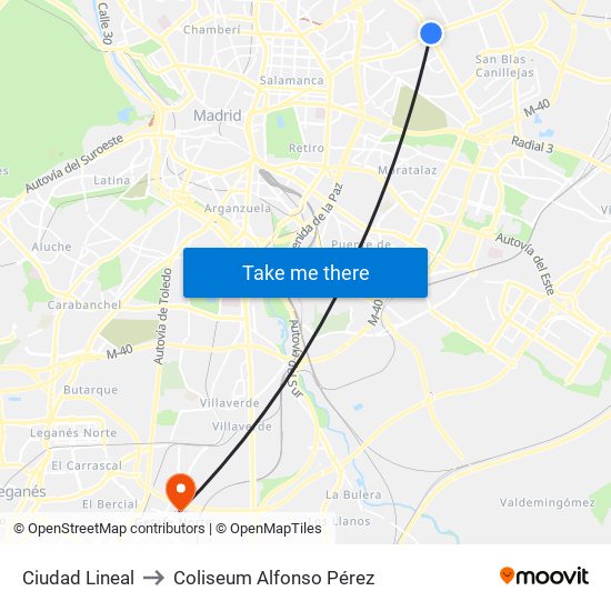 Ciudad Lineal to Coliseum Alfonso Pérez map