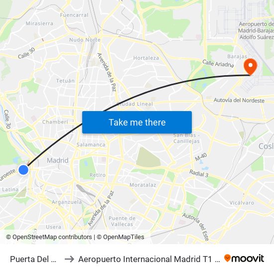 Puerta Del Ángel to Aeropuerto Internacional Madrid T1 (Check In) map