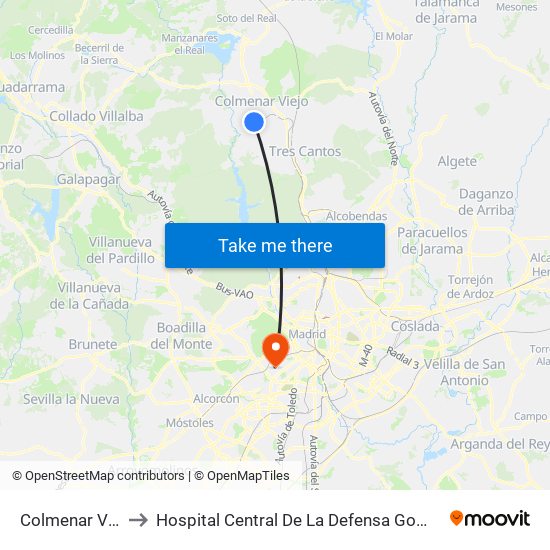 Colmenar Viejo to Hospital Central De La Defensa Gomez Ulla map