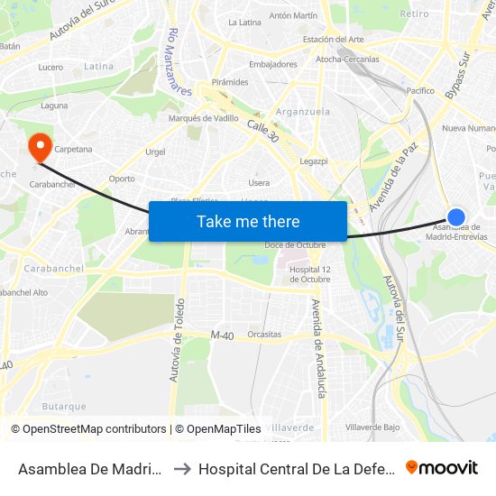 Asamblea De Madrid - Entrevías to Hospital Central De La Defensa Gomez Ulla map