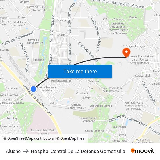 Aluche to Hospital Central De La Defensa Gomez Ulla map