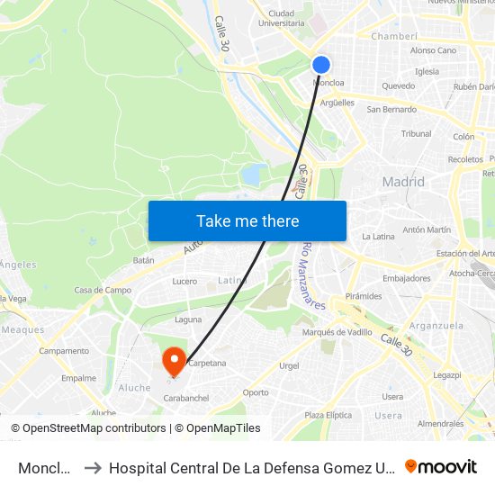 Moncloa to Hospital Central De La Defensa Gomez Ulla map