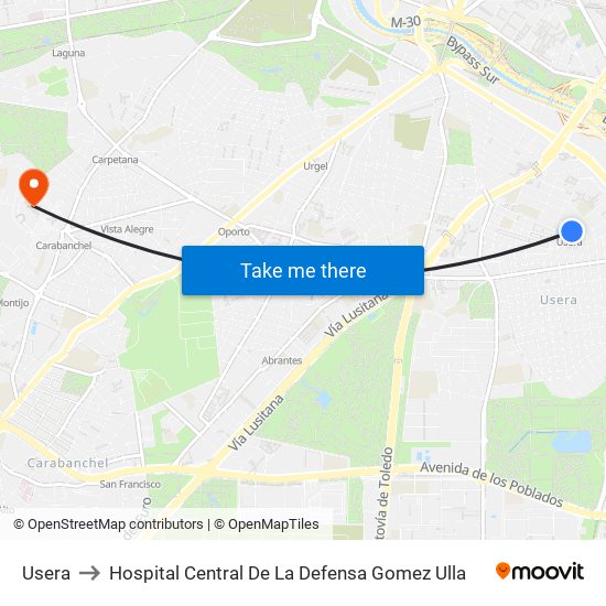 Usera to Hospital Central De La Defensa Gomez Ulla map