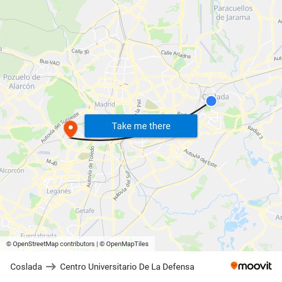 Coslada to Centro Universitario De La Defensa map