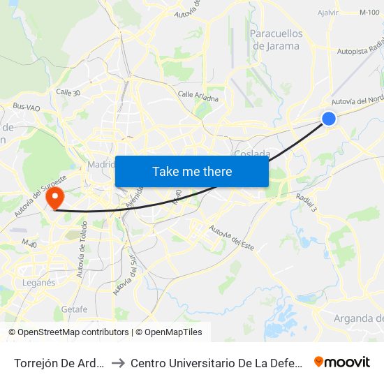 Torrejón De Ardoz to Centro Universitario De La Defensa map
