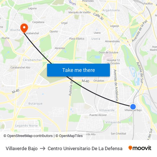 Villaverde Bajo to Centro Universitario De La Defensa map