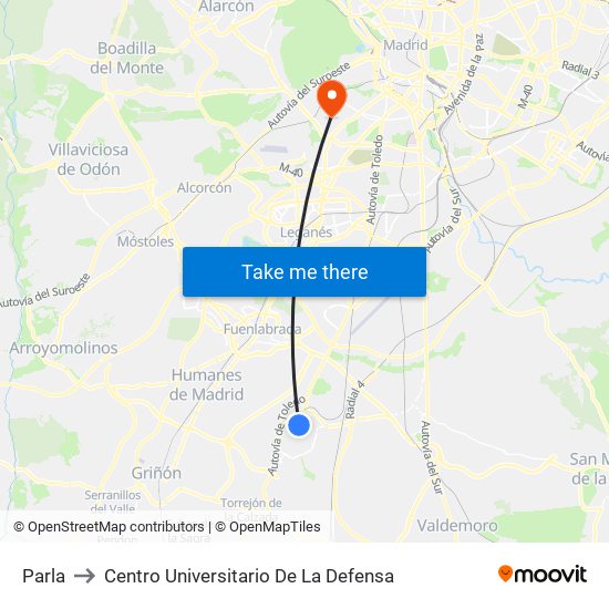 Parla to Centro Universitario De La Defensa map