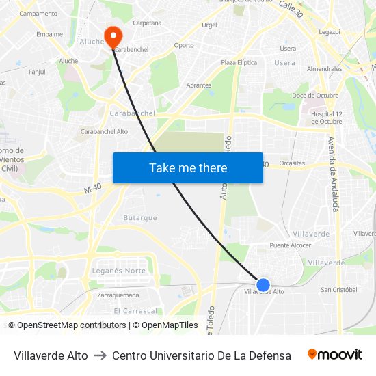 Villaverde Alto to Centro Universitario De La Defensa map