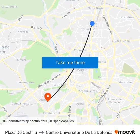 Plaza De Castilla to Centro Universitario De La Defensa map