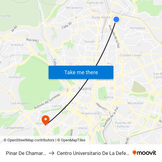 Pinar De Chamartín to Centro Universitario De La Defensa map