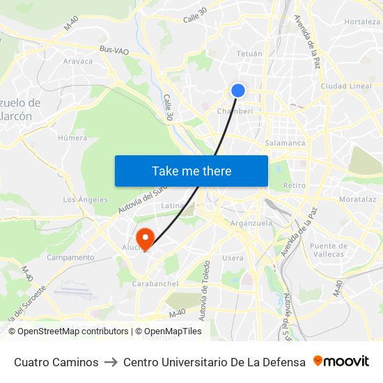 Cuatro Caminos to Centro Universitario De La Defensa map
