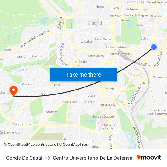 Conde De Casal to Centro Universitario De La Defensa map