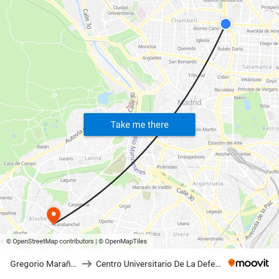 Gregorio Marañón to Centro Universitario De La Defensa map