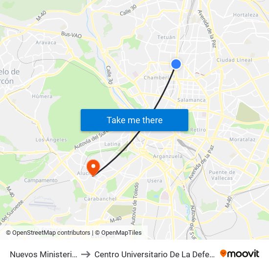 Nuevos Ministerios to Centro Universitario De La Defensa map