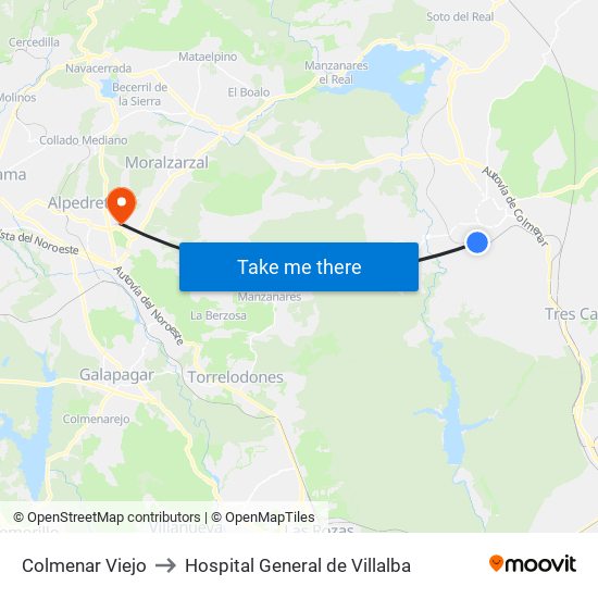 Colmenar Viejo to Hospital General de Villalba map