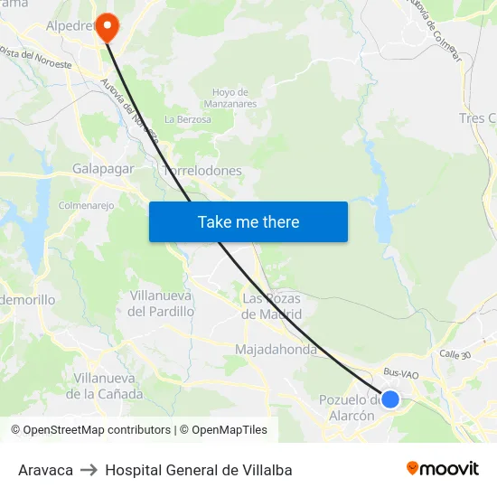 Aravaca to Hospital General de Villalba map