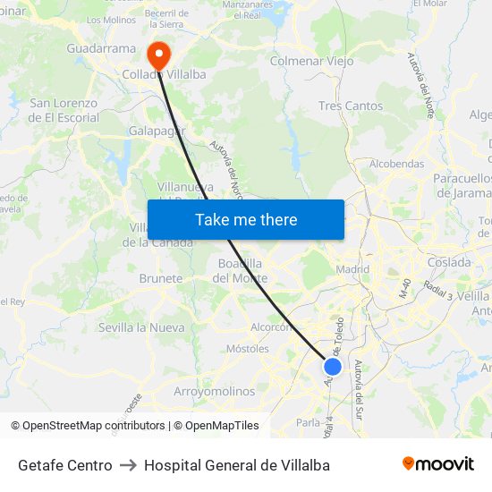Getafe Centro to Hospital General de Villalba map