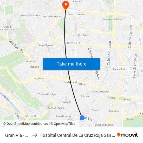Gran Vía - Montera to Hospital Central De La Cruz Roja San José Y Santa Adela map