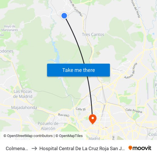 Colmenar Viejo to Hospital Central De La Cruz Roja San José Y Santa Adela map