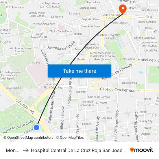 Moncloa to Hospital Central De La Cruz Roja San José Y Santa Adela map