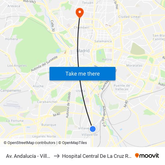 Av. Andalucía - Villaverde Bajo Cruce to Hospital Central De La Cruz Roja San José Y Santa Adela map