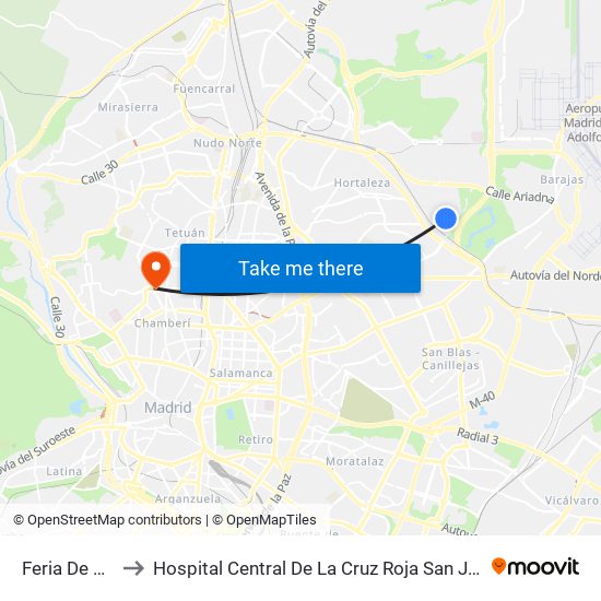 Feria De Madrid to Hospital Central De La Cruz Roja San José Y Santa Adela map