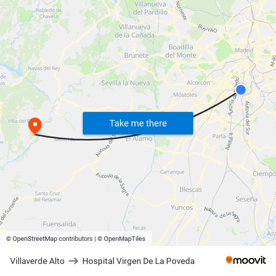 Villaverde Alto to Hospital Virgen De La Poveda map