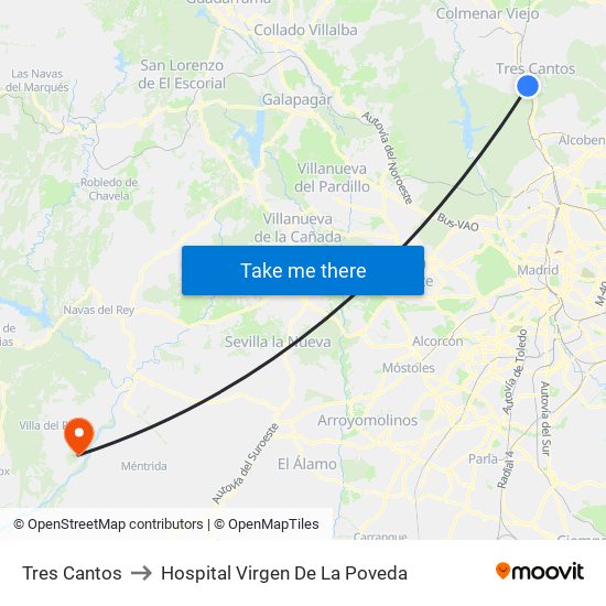 Tres Cantos to Hospital Virgen De La Poveda map