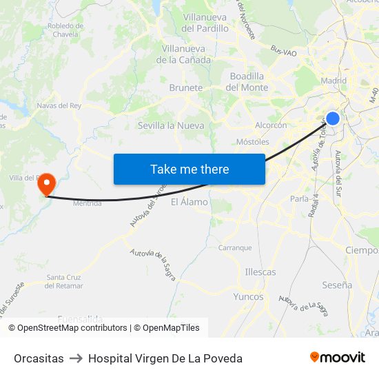 Orcasitas to Hospital Virgen De La Poveda map