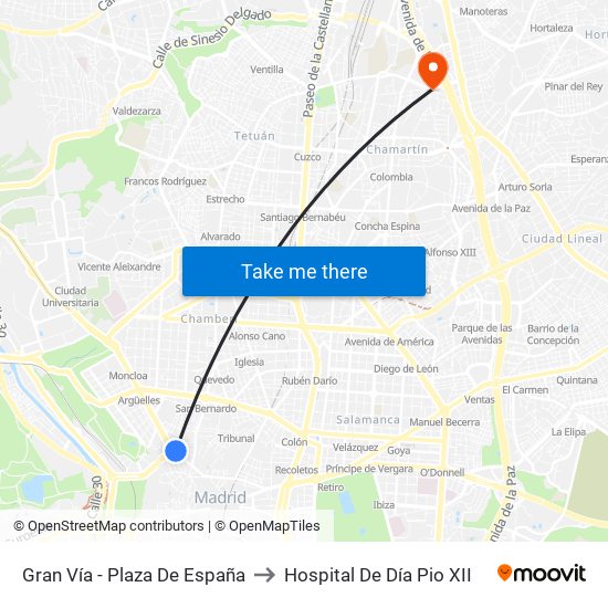 Gran Vía - Plaza De España to Hospital De Día Pio XII map