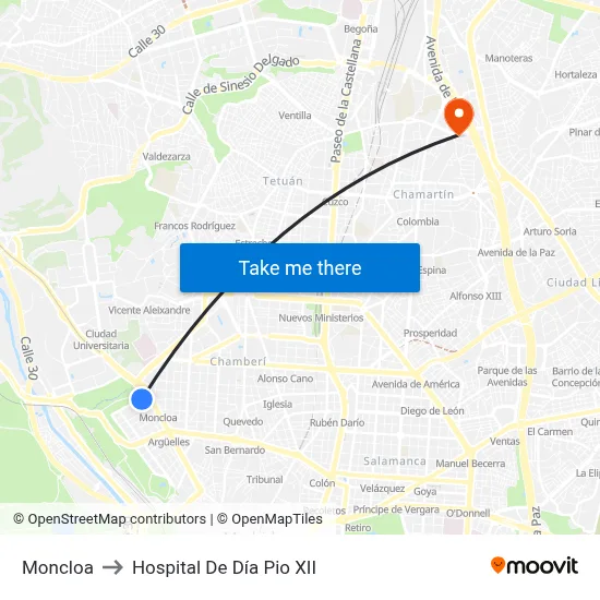 Moncloa to Hospital De Día Pio XII map