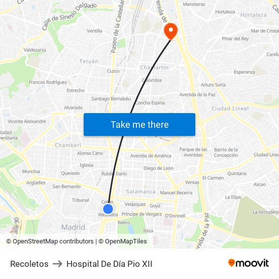 Recoletos to Hospital De Día Pio XII map
