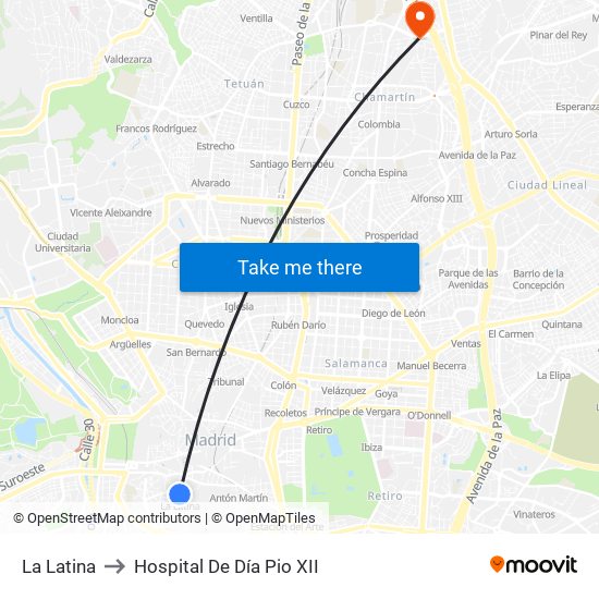 La Latina to Hospital De Día Pio XII map