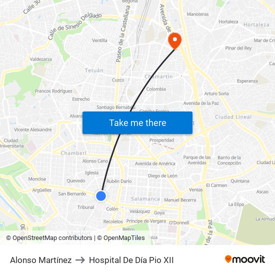 Alonso Martínez to Hospital De Día Pio XII map