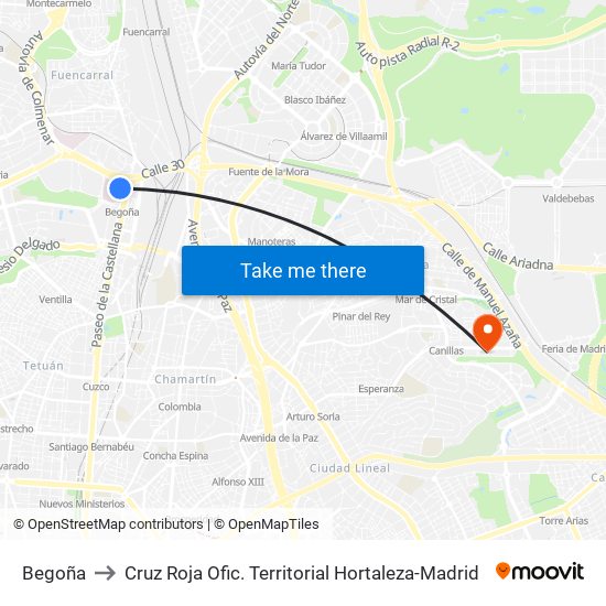 Begoña to Cruz Roja Ofic. Territorial Hortaleza-Madrid map