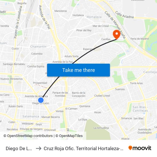 Diego De León to Cruz Roja Ofic. Territorial Hortaleza-Madrid map