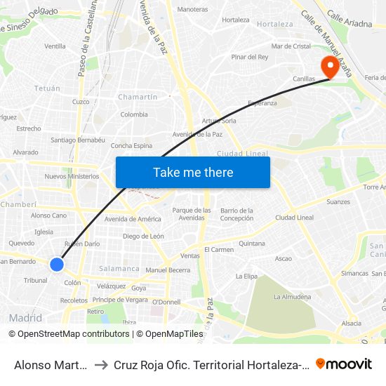 Alonso Martínez to Cruz Roja Ofic. Territorial Hortaleza-Madrid map