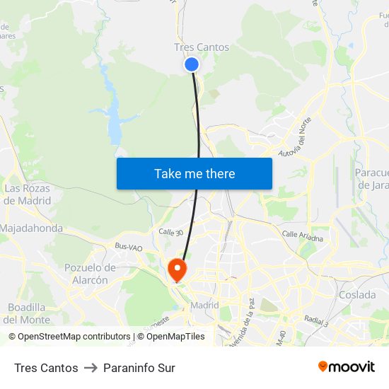 Tres Cantos to Paraninfo Sur map