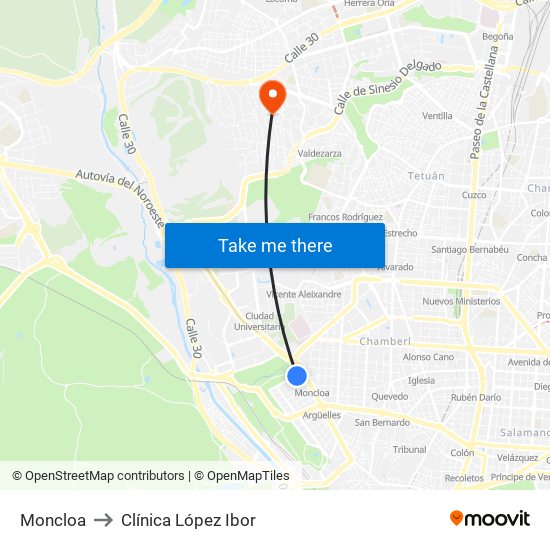 Moncloa to Clínica López Ibor map