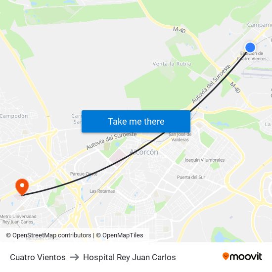 Cuatro Vientos to Hospital Rey Juan Carlos map
