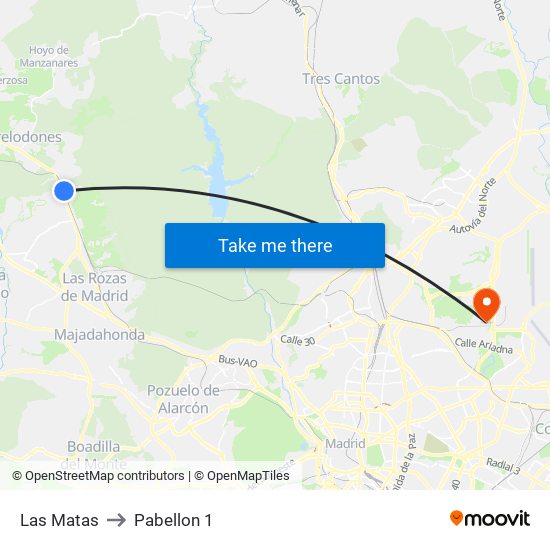 Las Matas to Pabellon 1 map