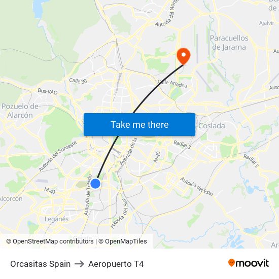 Orcasitas Spain to Aeropuerto T4 map